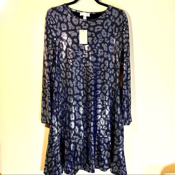 MICHAEL KORS BLACK & SILVER METALLIC LEOPARD PRINT SHIFT DRESS L NWT - Picture 6 of 16